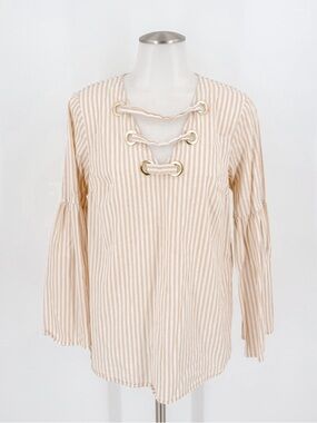 Michael Kors Cream & Beige Striped Lace-Up Bell Sleeve Top